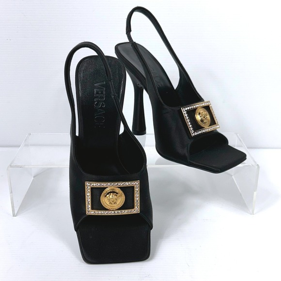 Versace Size 37 US 7 Black Satin Slingback Heels Rhinestone Medusa Square Toe - Picture 3 of 15